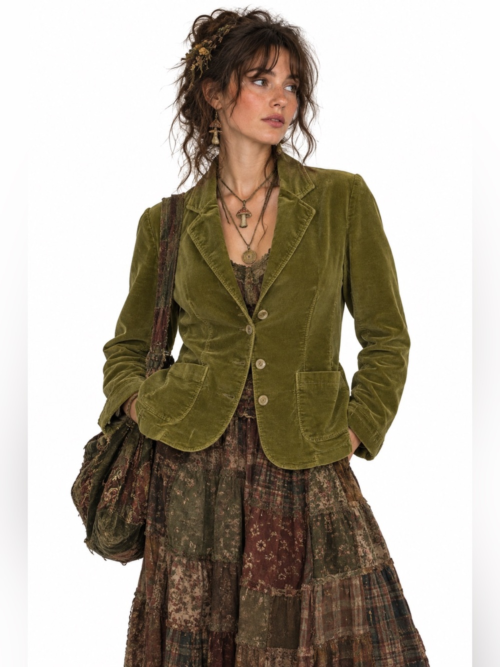 Vintage Velvet Blazer Army Green Goblincore Earthy Hobbit Y2K Dark Academia